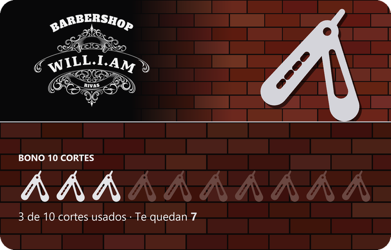 Tarjeta de bono de 10 cortes de una barbería, con pared de ladrillo y navajas